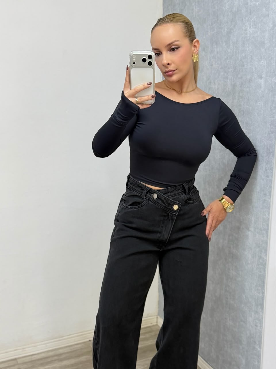 Calça wide leg cós irregular black 